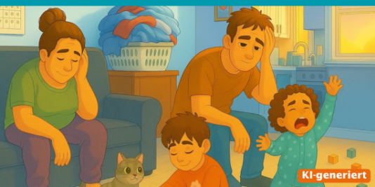 ein KI-generiertes Bild einer Familie mit zwei Eltern, zwei Kindern und einer Katze. Die Eltern sind müde, erschöpft und überfordert, eines der Kinder weint.