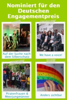 Bildcollage mit Projekten, die nominiert sind. Zu sehen sind viele Kinder und Engagierte.