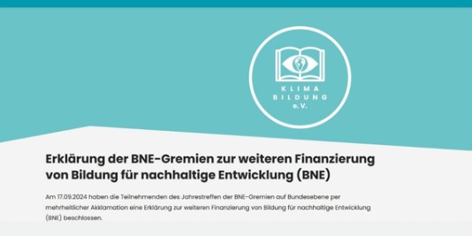 Grafik, oben auf grünem Grund das Logo von Klimabildung e.V., darunter schwarz auf weiß: Erklärung der BNE-Gremien zur weiteren Finanzierung von Bildung für nachhaltige Entwicklung (BNE)