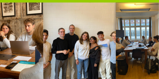 Eine Collage aus drei Bildern, auf denen Schüler*innen an einem Tisch sitzen und sich im Gespräch austauschen. Auf dem dritten Bild lächeln alle sieben Schüler*innen in die Kamera