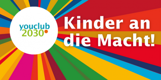 bunter, strahlenförmiger Hintergrund mit der Aufschrift "Kinder an die Macht"