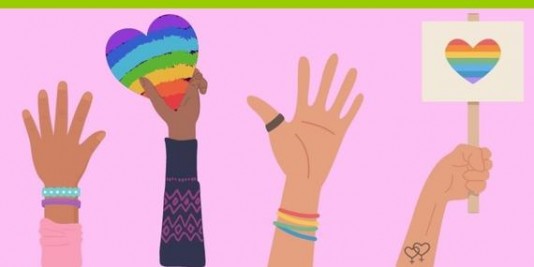 Eine Zeichnung. Verschiedenfarbige Hände halten Herzen in regenbogenfarben nach oben.