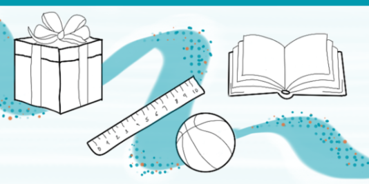 Vier Grafiken: ein verpacktes Geschenk mit Schleife, ein Lineal, ein Basketball und ein geöffnetes Buch auf weißem Hintergrund, verbunden durch eine blaue geschlängelte Linie mit Konfetti