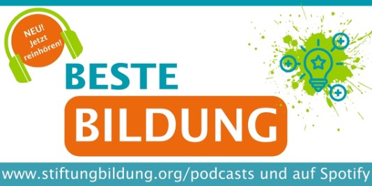Werbebild, Schrift auf weißem Hintergrund: "NEU! Jetzt reinhören! Beste Bildung"