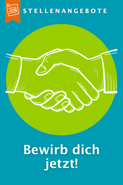 Eine Grafik eines Händedrucks auf grünem Hintergrund. Dazu der Text: Stellenangebote. Bewirb dich jetzt!