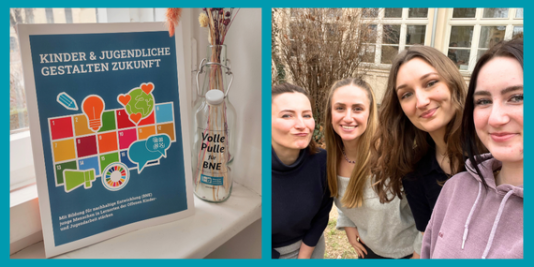 zwei Bilder nebeneinander, links das neue BNE-Workbook von youclub, rechts das vierköpfige youclub-Team